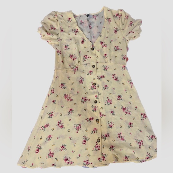 Yellow Floral V Neck Button Up Chiffon Dress - Picture 1 of 4